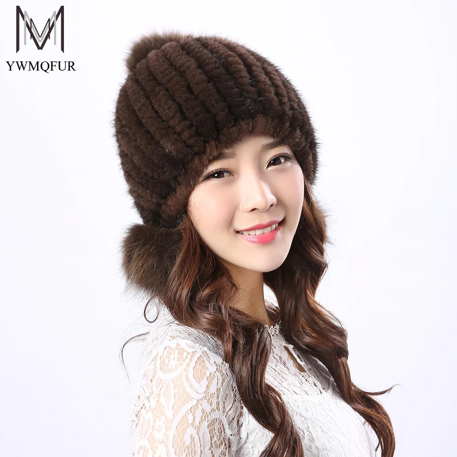 YWMQFUR зимний Для женщин Кепки с натуральным лисьим мехом норки Вязание защищены