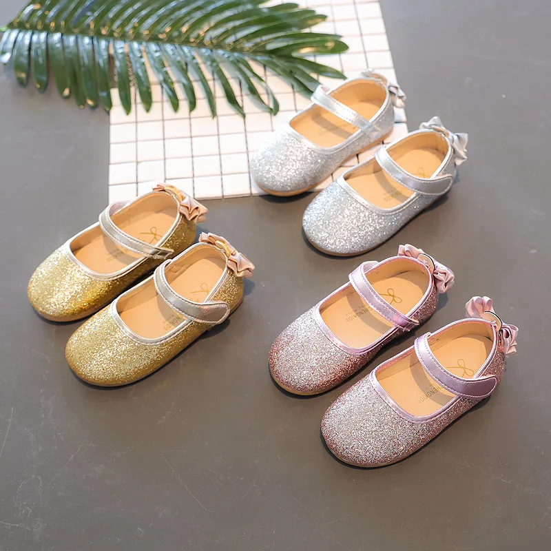 

SLYXSH 2018 spring and autumn new sequin bow tie with beef tendon bottom princess girls shoes children's shoes