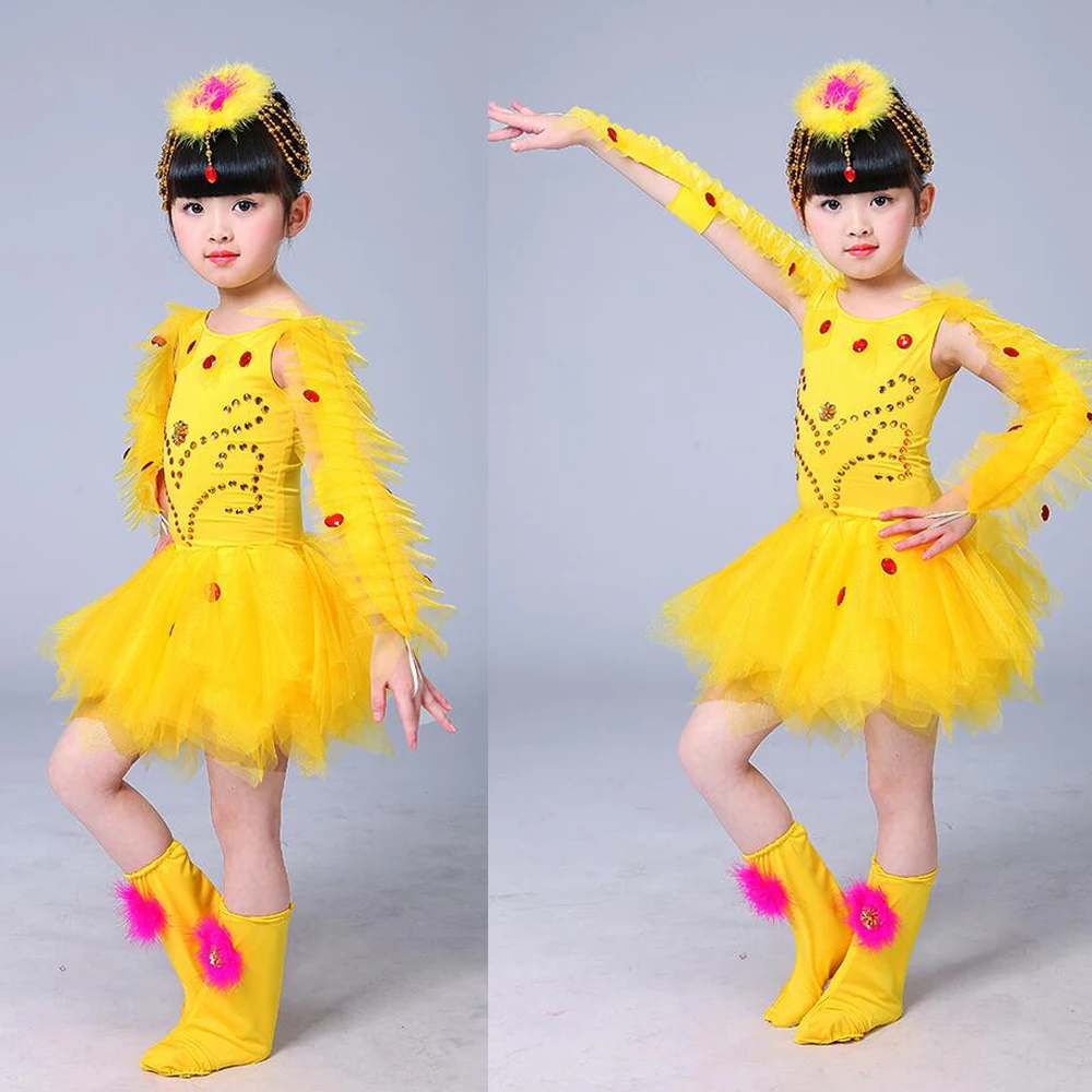 Танцевальная одежда для девочек с желтыми птицами костюмы детская сценическая