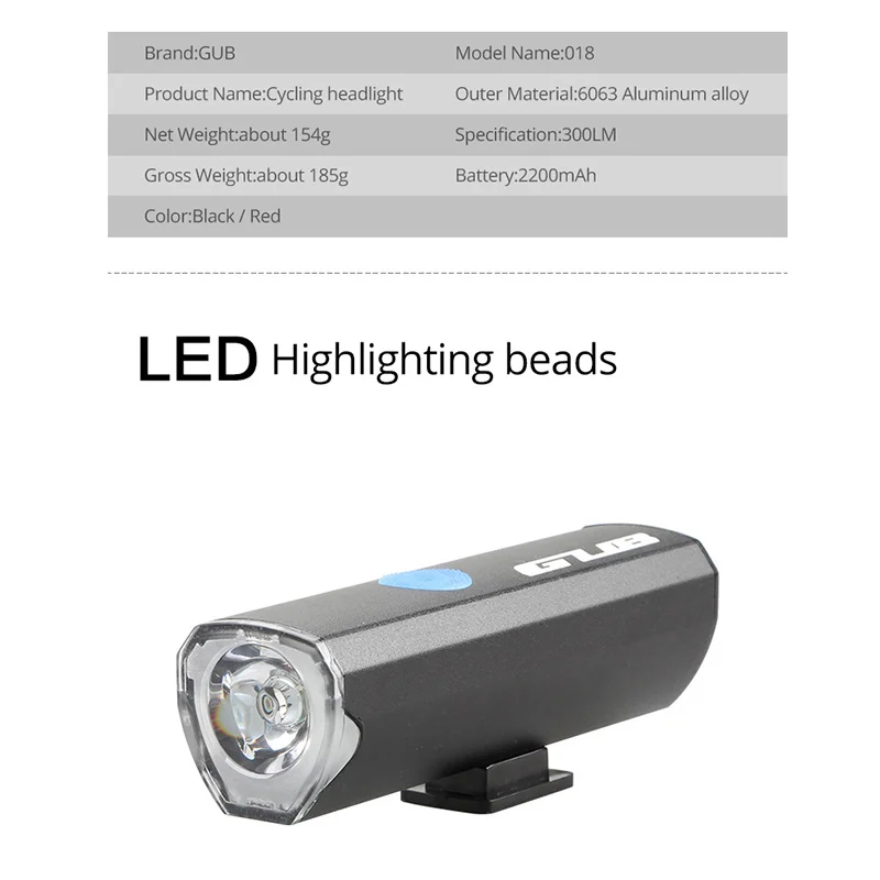 GUB USB Rechargeable Bicycle Headlight 2200 mAh 300 Lumen MTB Cycling Flashlight LED Front Lamp luces bicicleta Bike Accessories | Спорт и