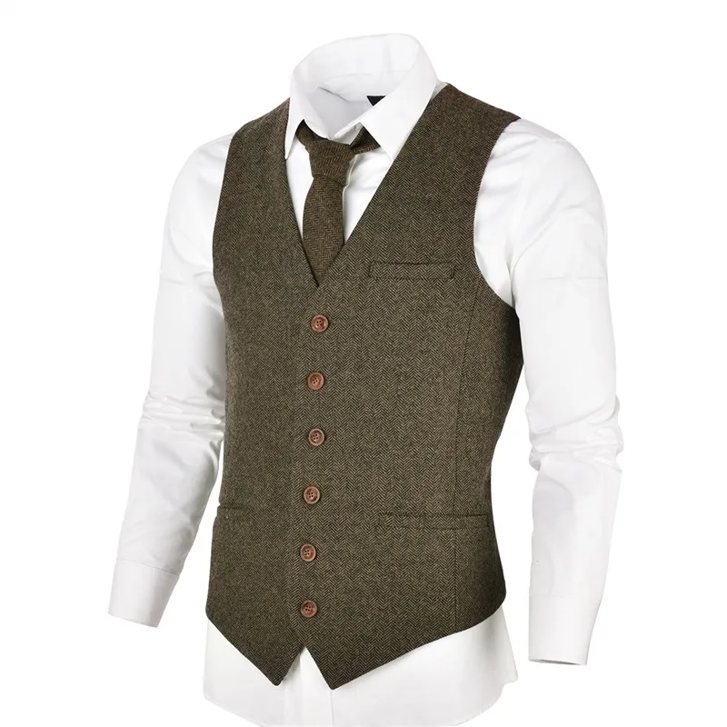 

2021Wool Tweed Mens Waistcoat Single-breasted Herringbone Slim Fitted Suit Vests 007