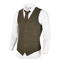 voboom wool tweed mens waistcoat single breasted herringbone slim fitted suit vests 007