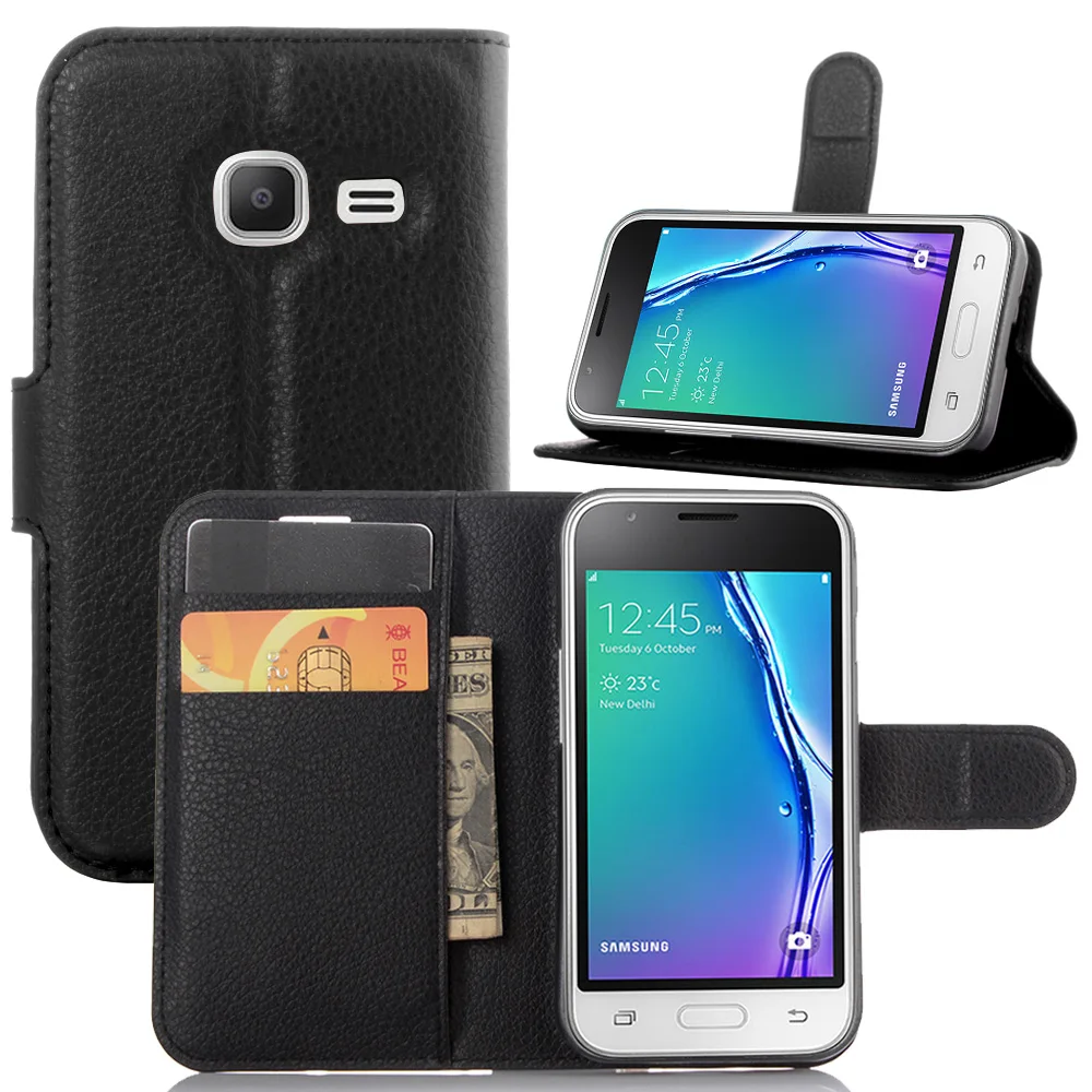Новый чехол J1mini для Samsung Galaxy J1 Mini (2016) черный кожаный книжка с узором Личи чехлы