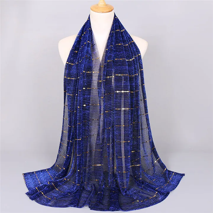 ZFQHJJ 10pcs/lot Women Sparking Shiny Sequin Gold Silk Yarn Muslim Hijab Scarf Shawls Head Scarfs Wraps Party Wedding Hijabs - Цвет: 11 sapphire blue