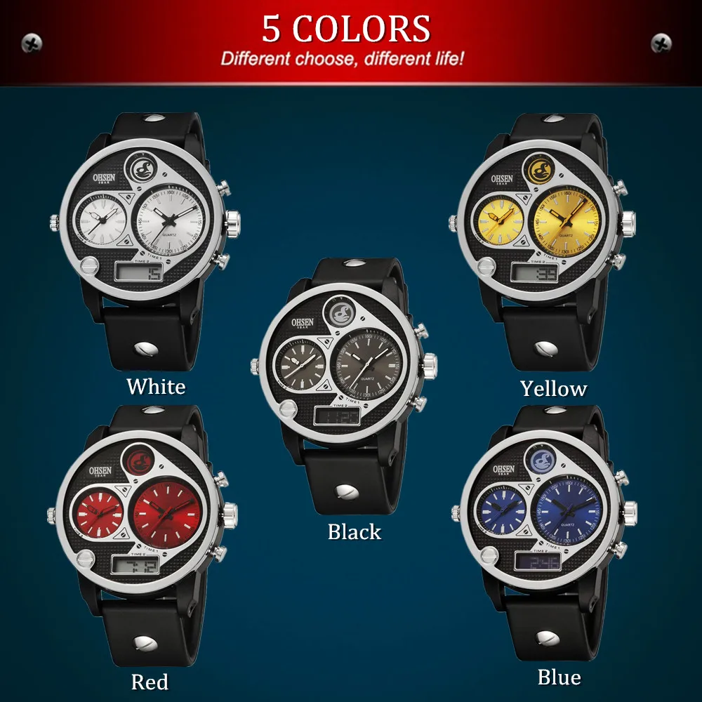 Мужские кварцевые часы Ohsen красные цифровые с силиконовым ремешком и дисплеем 50 м