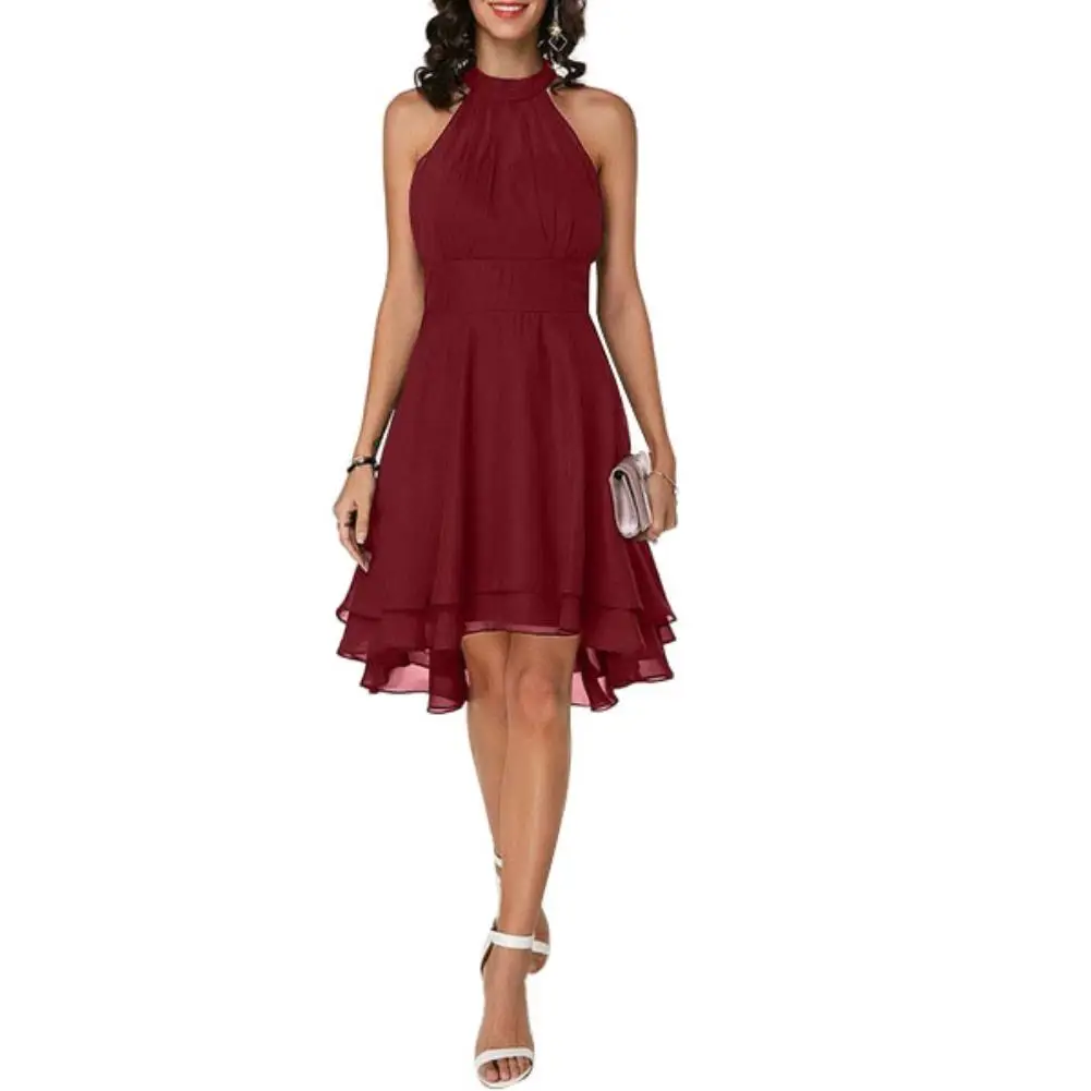 

Women Elegant Solid Color Soft Halter Sleeveless Asymmetric Hem One Piece Dress sexy