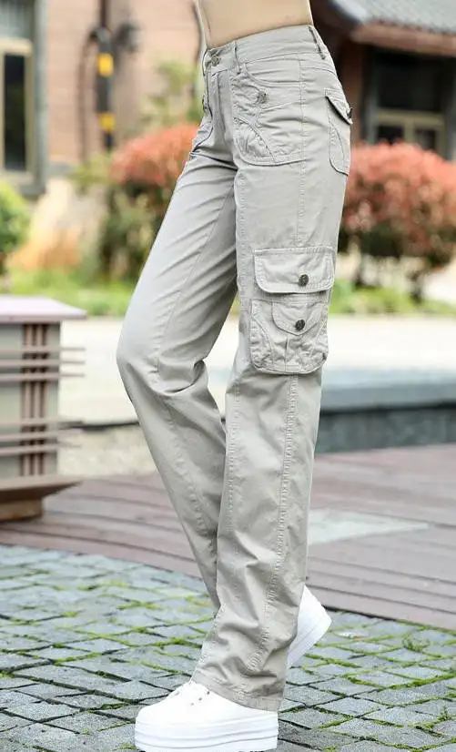 Khaki Military cargo pants women Army high waist loose Multi-pocket Pant versatile cotton Trousers ladies Street Jogger sweatpants new - Цвет: Khaki