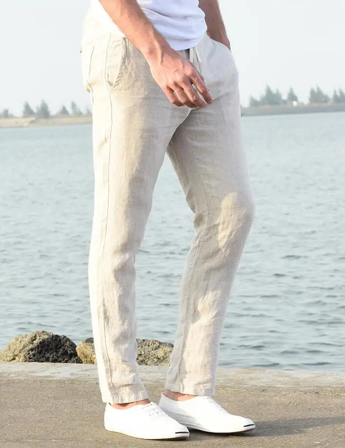 Male linen casual pants mens summer breathable slim straight pants men elastic waist male flax trousers thin beige white khaki