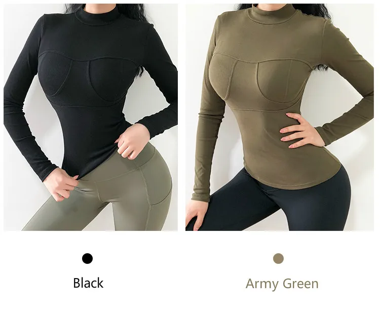 Высокая эластичная стойка воротник фитнес женские рубашки для иоги Slim Fit пуш-ап для бега Спортивная Джерси с длинными рукавами Спортивная одежда