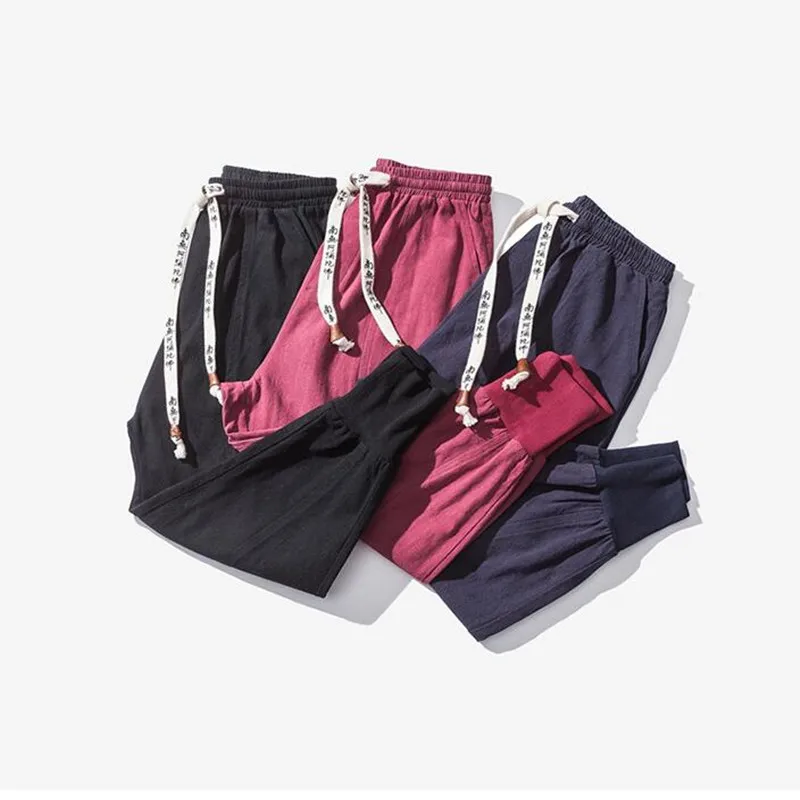 Мешковатые брюки карандаш мужские повседневные штаны на шнурке джоггеры из льна