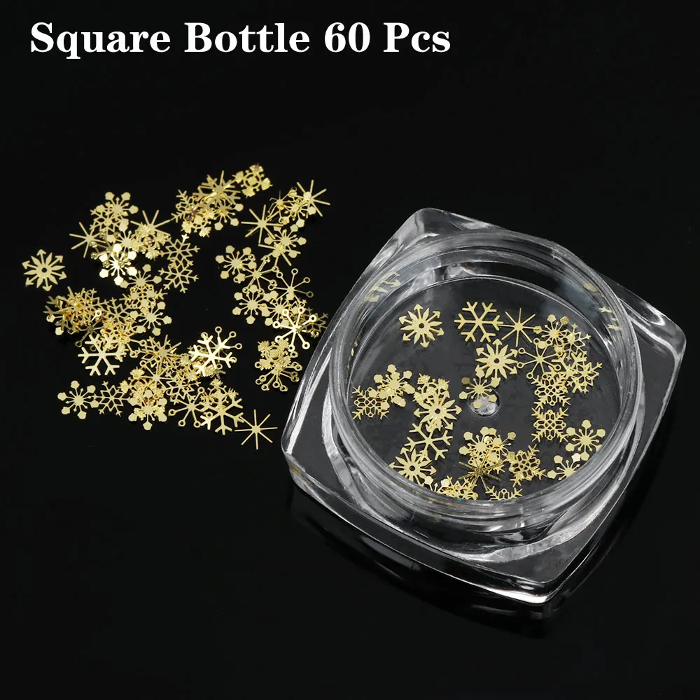 Round Bottle 60 Pcs 1 коробка Рождественские 3D золотые металлизированные для дизайна ногтей украшения полые снежинки звезда смешанный дизайнерский Шарм ногтей Блеск слайдер Рождественский аксессуар - Цвет: Round Bottle 60 Pcs