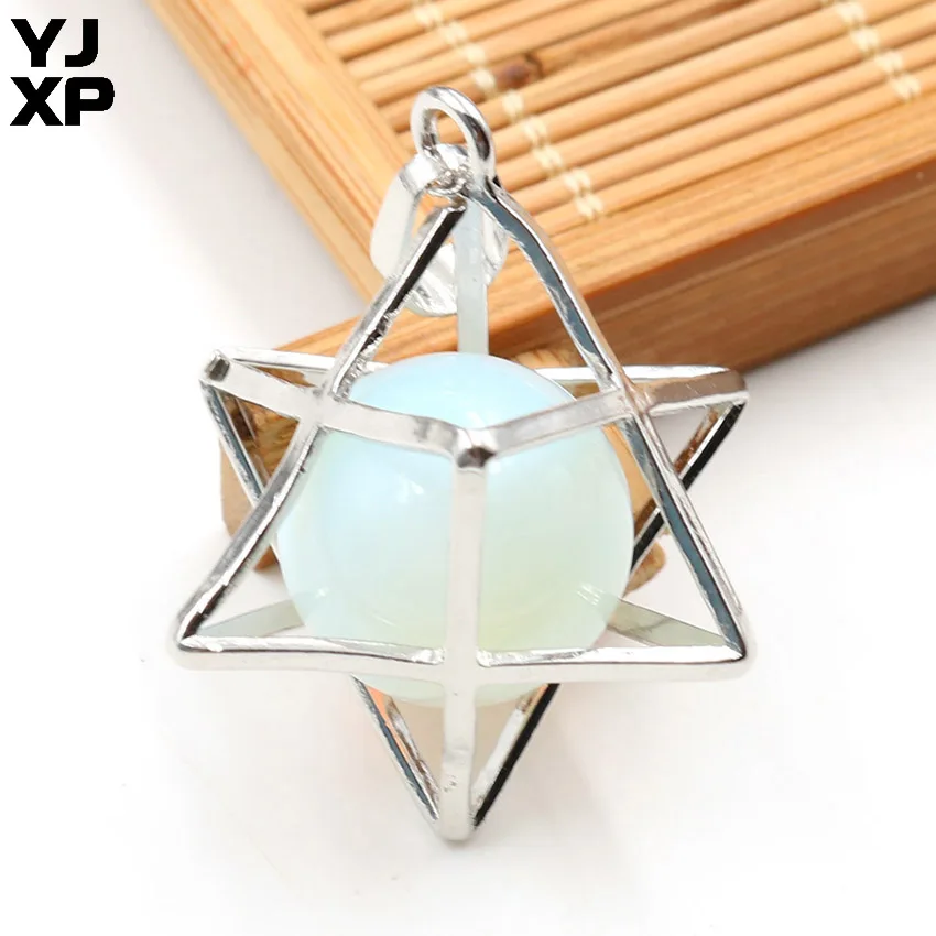 Opal 1 шт. Energy Merkaba кулон из натурального камня аметисты Розовый Кварц Круглые бусины рейки колье с целебным кулоном подвесные шармы Ювелирные украшения подарок - Окраска металла: Opal