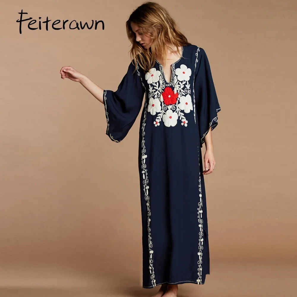 Feiterawn 2018 Для женщин летние Темно-синие район V шеи длинное пляжное платье Макси