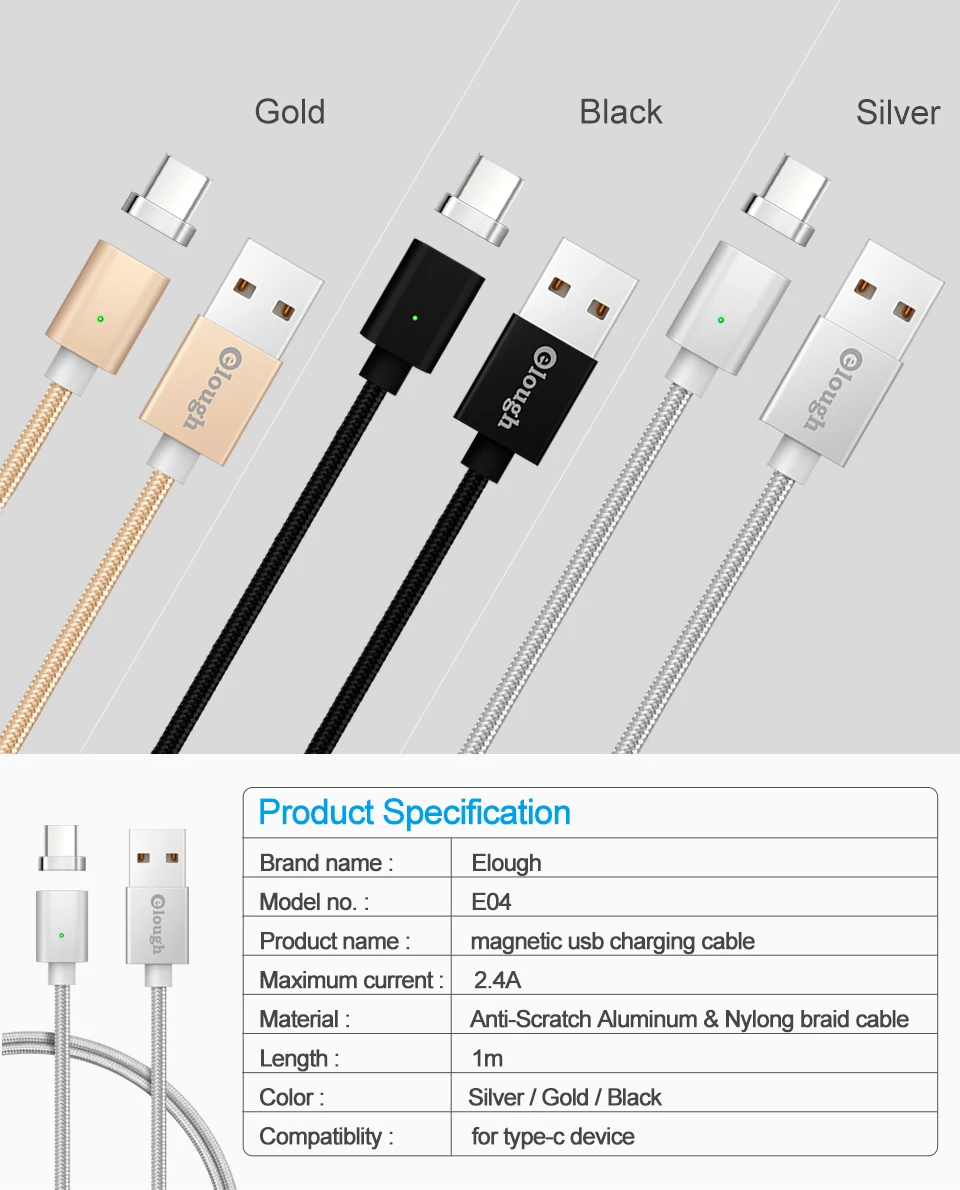 Elough E04 Магнитный кабель usb type C для samsung galaxy s8 note8 plus, быстрое зарядное устройство для мобильного телефона, магнитный кабель USB type-c для зарядки