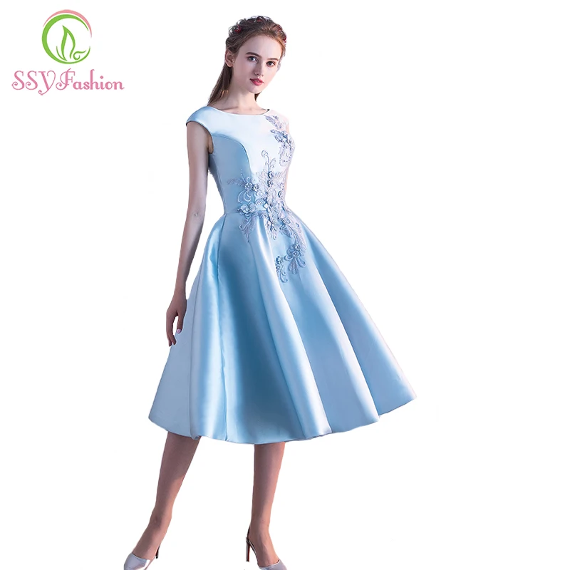 SSYFashion новый простой сатин аппликации Sleeveelss короткое вечернее платье невесты