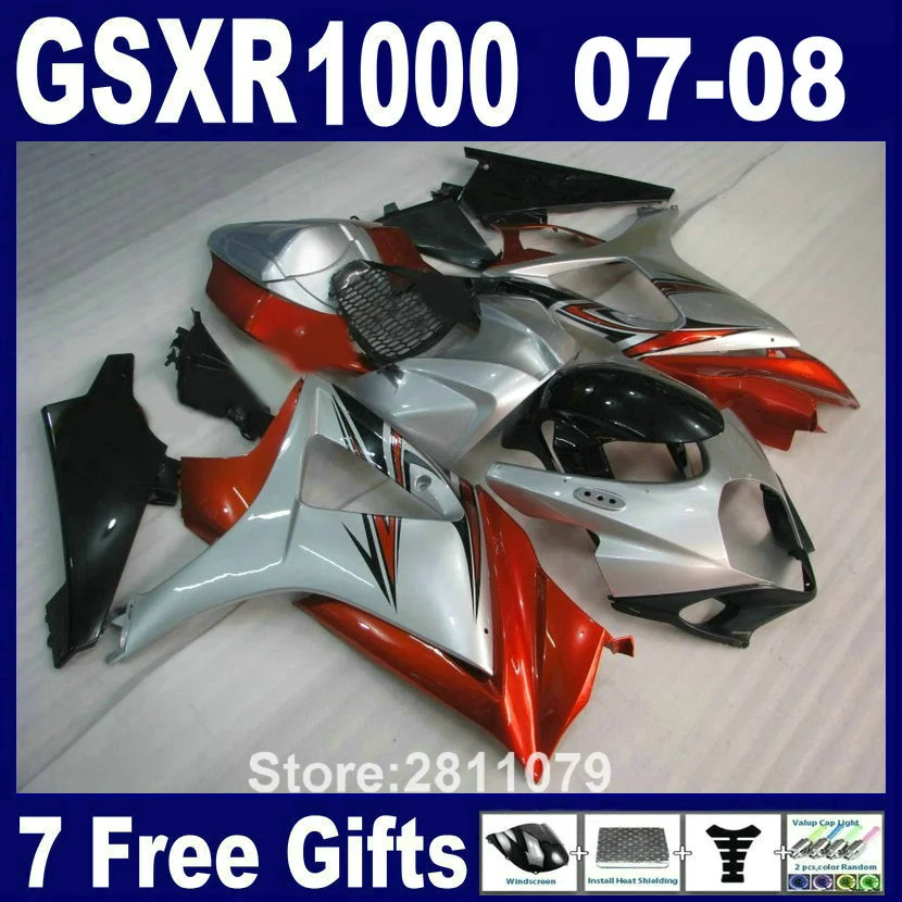 Бесплатная Настройка формованный обтекатель набор для Suzuki GSXR1000 2007 2008 серебряный