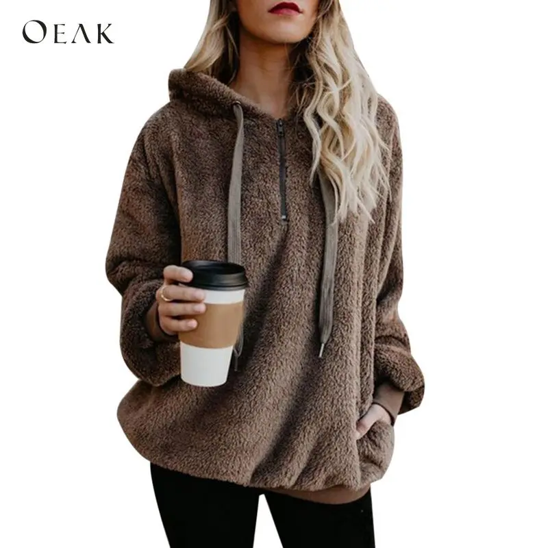 OEAK, женские флисовые толстовки,, длинный рукав, с капюшоном, пуловер, толстовка, Осень-зима, теплая, на молнии, с карманами, меховое пальто размера плюс, 5XL
