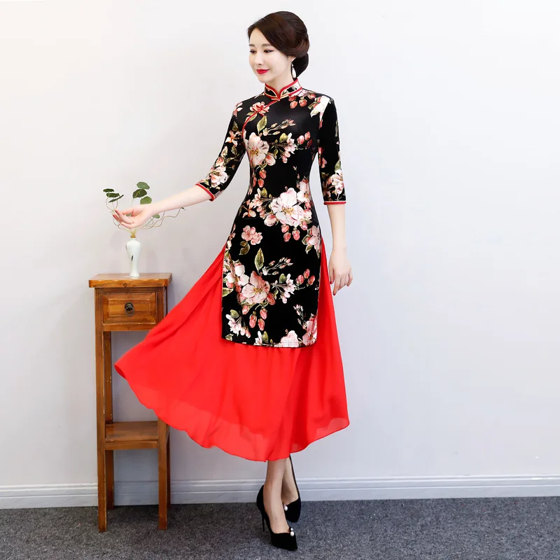 Традиционное женское платье Cheongsam с цветочным принтом, новое зимнее бархатное длинное платье Qipao с воротником-стойкой, модное винтажное платье Vestidos M-3XL