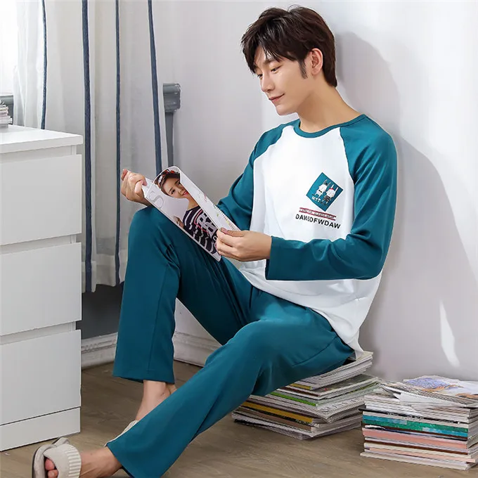 men pajama set Осенне-зимние мужские пижамы с длинными рукавами, хлопковые Пижамные комплекты в полоску с надписями и героями мультфильмов, повседневные мужские пижамы для отдыха и сна, L-XXXL Пижама - Цвет: men pajama set