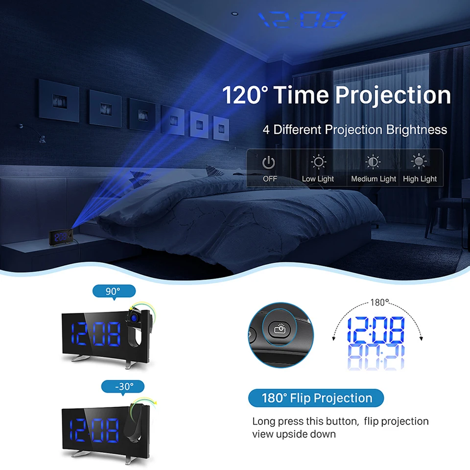 Mpow HM268 Digital FM Radio Alarm Clock With Projection 4 Alarm Sounds 9 Min Snooze Function Sleep Timer For Home Office Bedroom