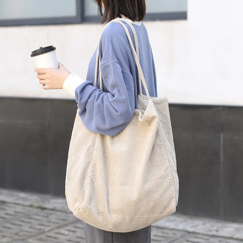 

Fashion Women Corduroy Shoulder Bag Large Capacity Female Big Tote Handbag Folding Reusable Shopping Bags Thin Strap Cloth Bags