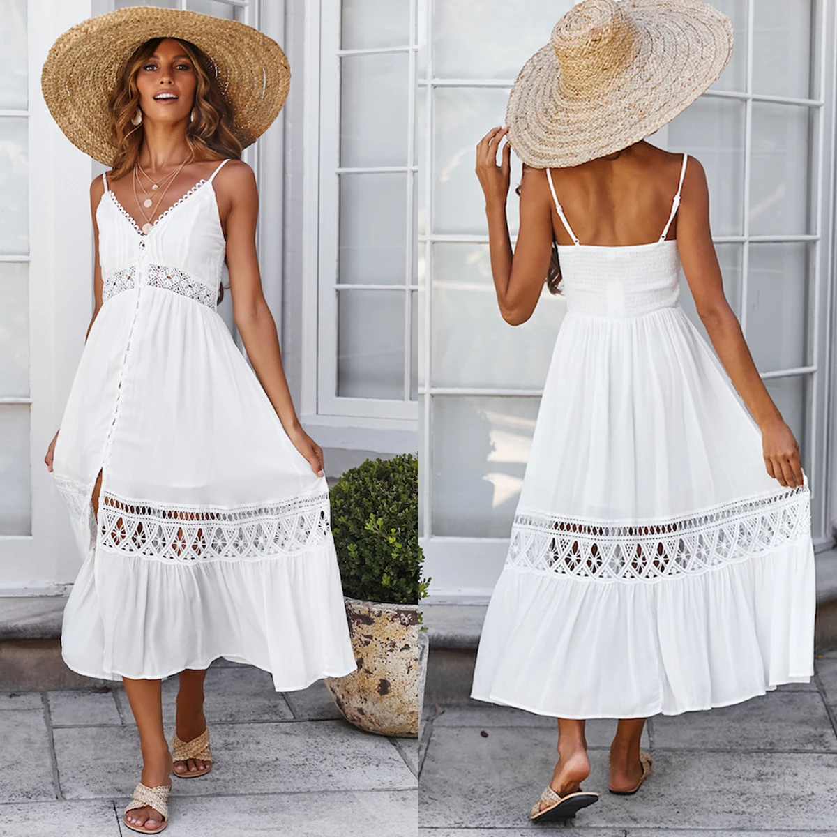 Женское кружевное платье с v образным вырезом однотонное белое летнее