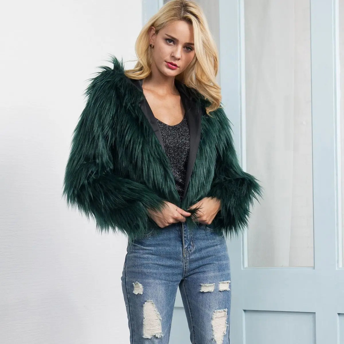 Теплый С Капюшоном Розовый искусственного меха пальто Для женщин пушистый с