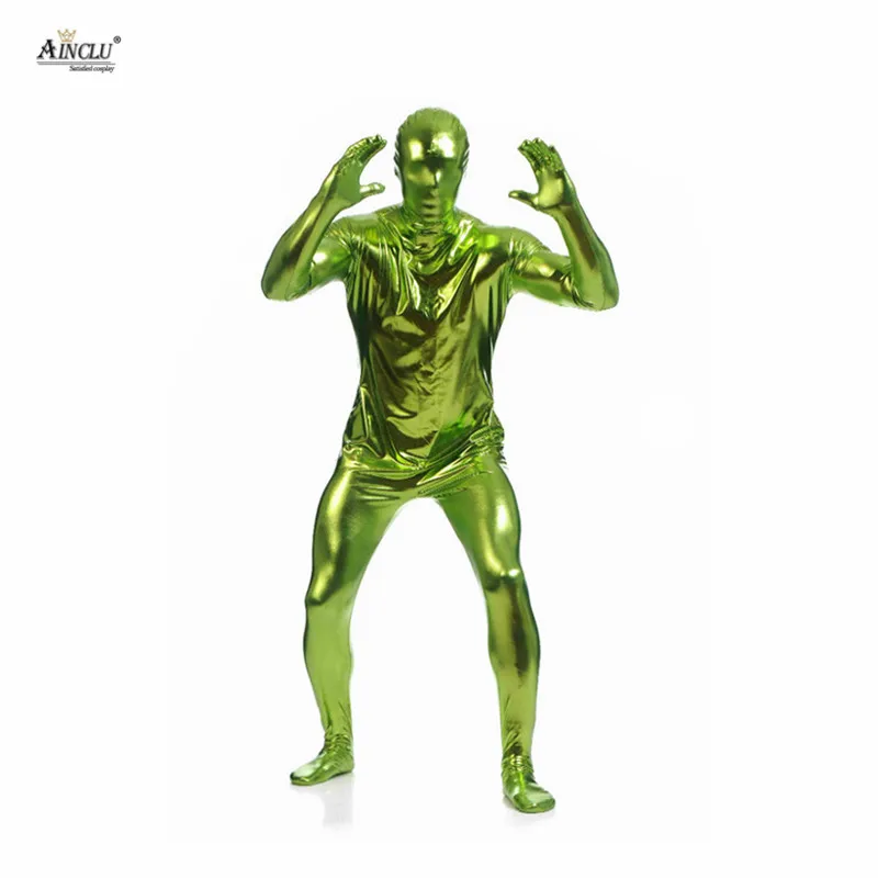 Ainclu цельный травяной зеленый клей металлик Zentai для хеллоуина Блестящий спандекс