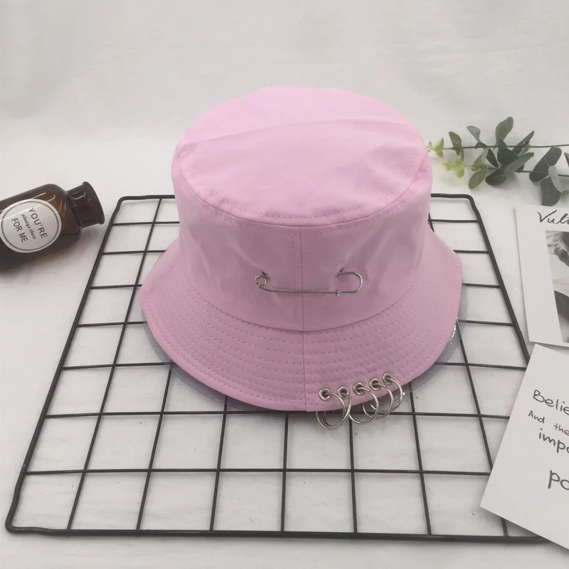 Розовый Новые женские шляпы с большими полями BTS POP Iron Ring Bucket, мужские хлопковые кольца ручной работы, хип-хоп шапки для рыбаков Gorras Sun - Цвет: Розовый