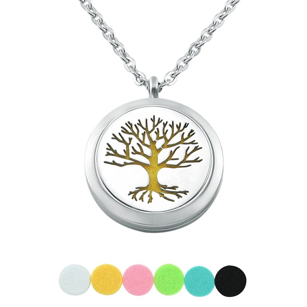 

6 Free pads tree of life essential oil diffuser necklace felt pad stainless steel perfume locket necklaces pendants for women