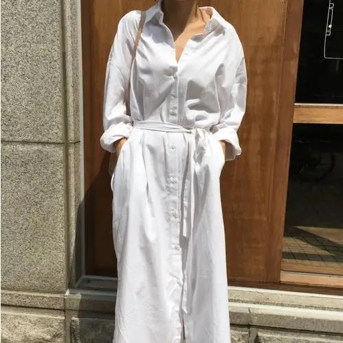 Новинка 2019 года сезон лето модное белое платье с отложным воротником и длинными