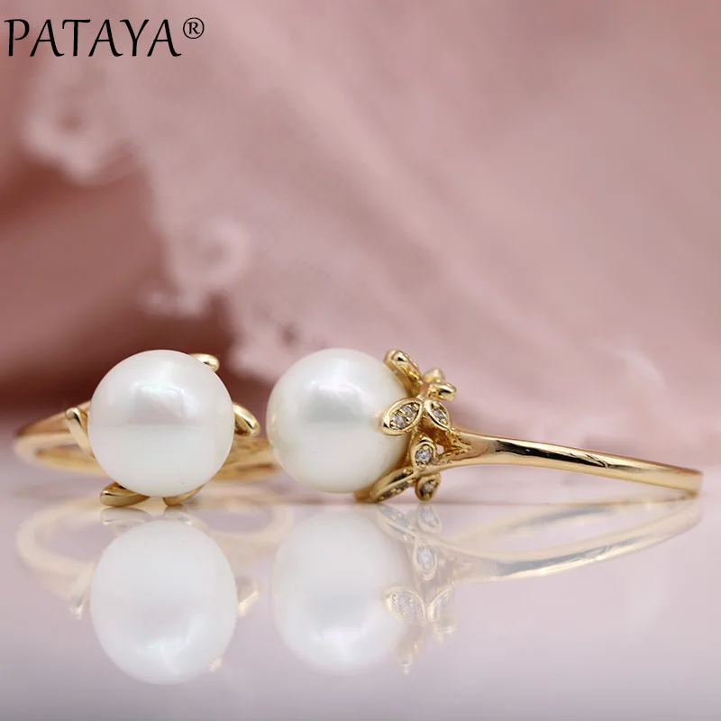 PATAYA, новинка, женские белые круглые жемчужные кольца, натуральный циркон, в форме листа, вечерние ювелирные изделия, 585, розовое золото, для свадьбы, хорошее кольцо