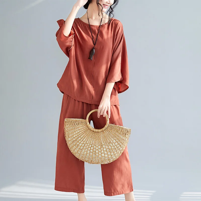 Женский Повседневный костюм из двух предметов Свободный Топ хлопка и льна брюки