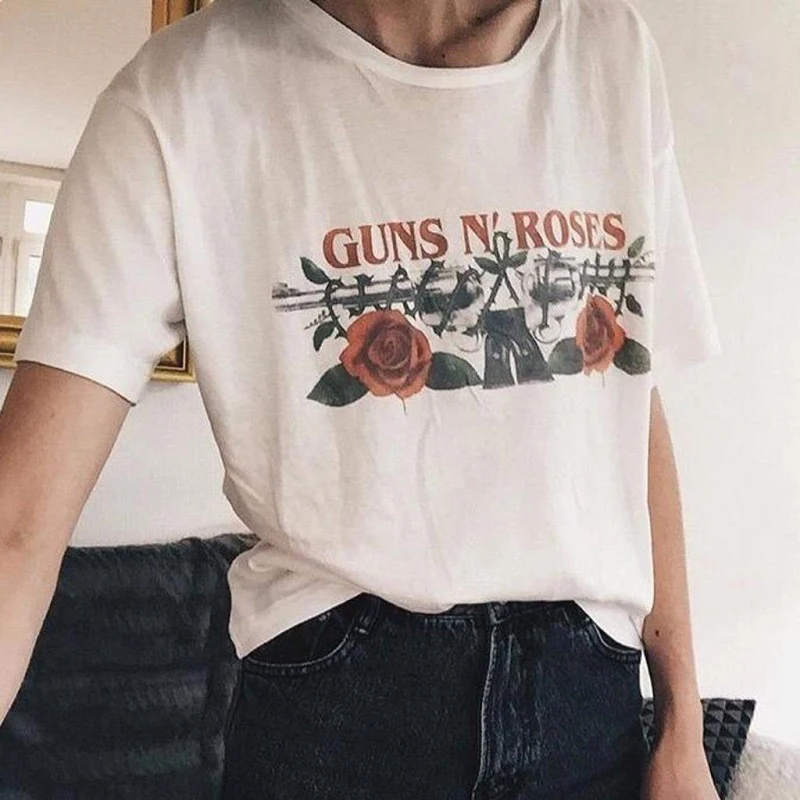 Винтажные летние футболки с забавным рисунком пистолета розы женские топы