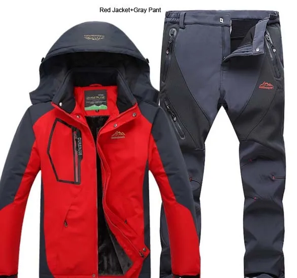 Red Gray 5XL мужская зимняя куртка для скалолазания, лыжного спорта, брюки, костюмы для охоты, рыбалки, водонепроницаемые, треккинговые, мужские мягкие флисовые комплекты для путешествий - Цвет: Red Gray