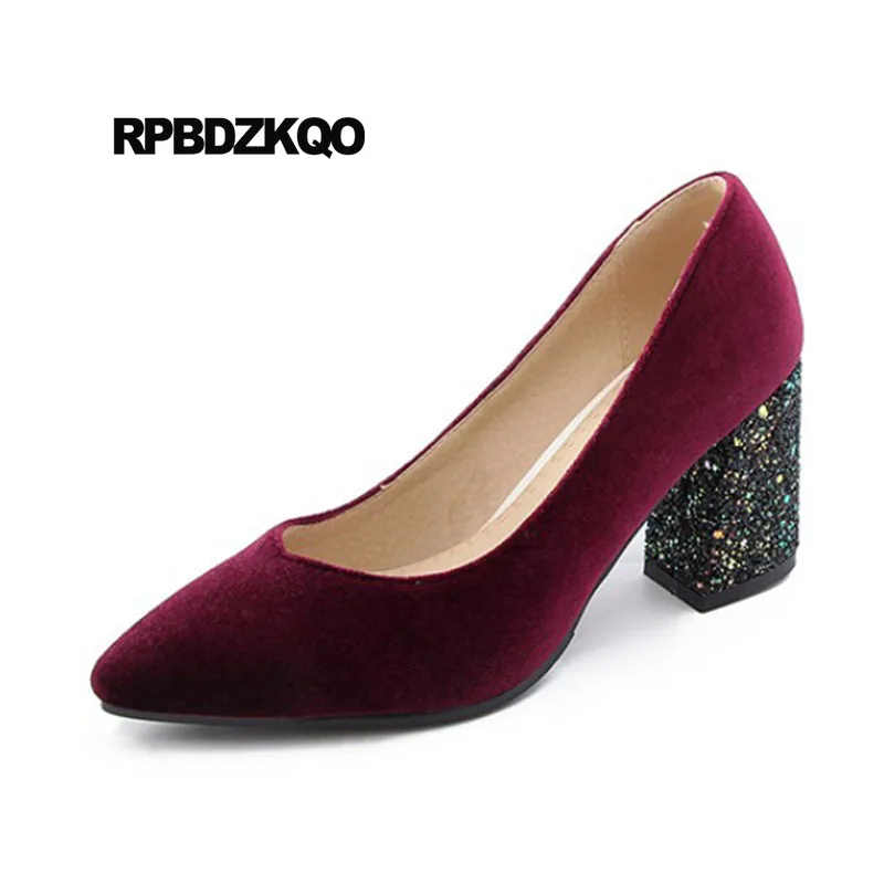 

Sequin 3 Inch Pumps Green Luxury Shoes Women Designers Suede Pointed Toe Glitter Size 33 11 43 Plus High Heels Thick Wine Red