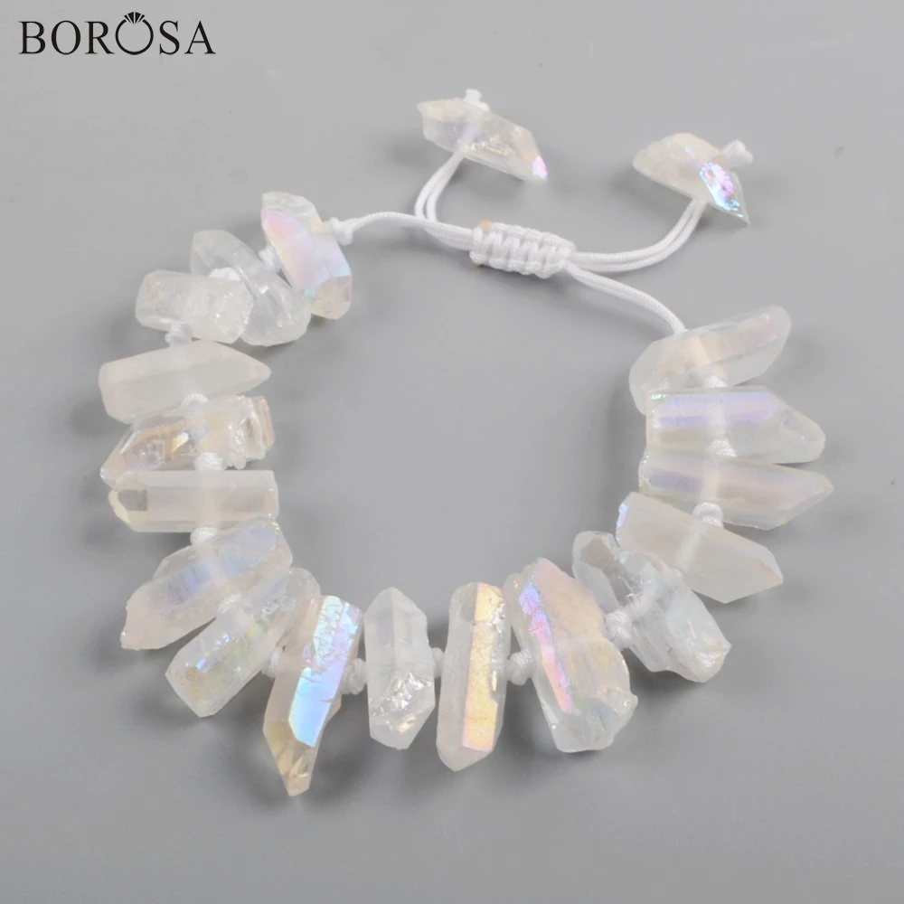 

BOROSA 5PCS 11" Transparent AB Electroplated Handmade Boho Bracelets Natural Crystal Cluster Point Adjustable Bracelets WX1149