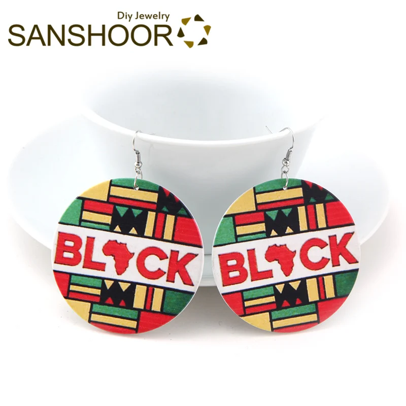 Серьги SANSHOOR из черного дерева "Афро" со стилизованной картой Африки в красных, зеленых и желтых тонах в качестве подарка на Рождество для женщин, 1 пара.