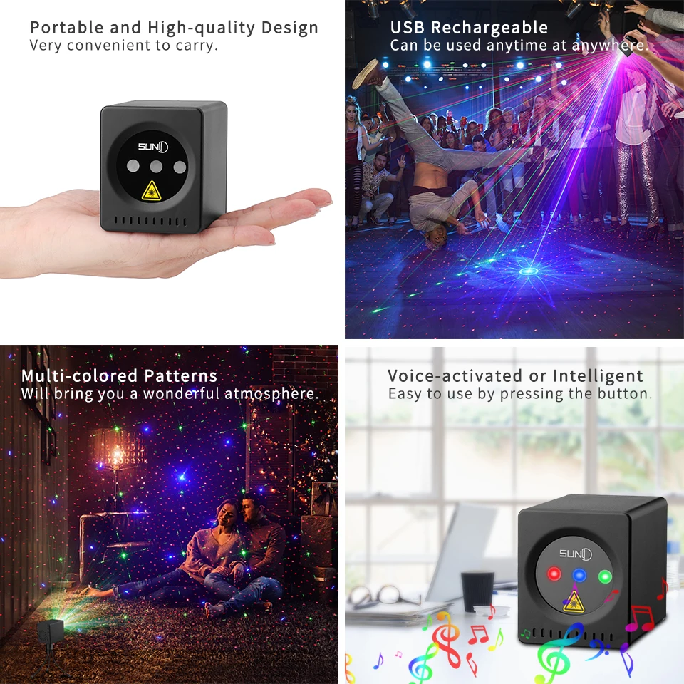 Mini Portable Laser 8 RGB Patterns Cordless Laser Projector Rechargeable Stage Light Disco DJ Bar Club Party Xmas Laser Show