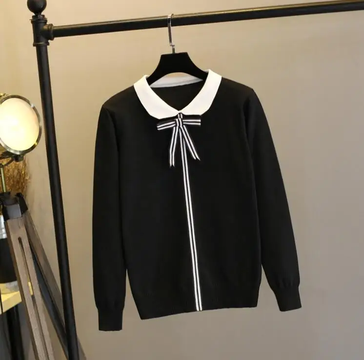2018 Women Korean Sweaters Peter-Pan Collar Preppy Style Lolita Knit Pullovers Loose Causal Knitting Jumpers with Bow Ties Женская