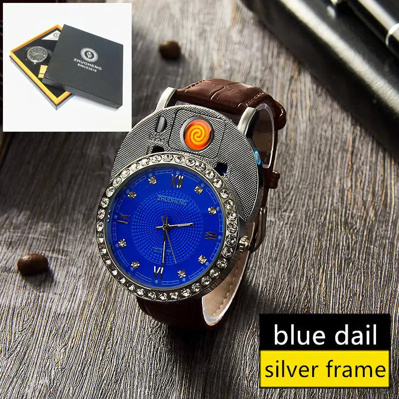 silver blue with box Мужские часы-прикуриватель, кварцевые часы с зарядкой от USB, роскошные часы с бриллиантовым циферблатом, повседневные наручные часы, мужские часы, JH391-1, 1 шт - Цвет: silver blue with box