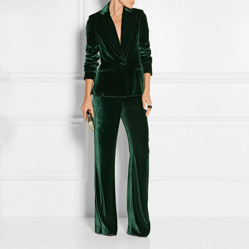 

Formal Slim Fit Women's Business Work Wear 2 Pieces Suits Dark Green Velvet Office Ladies Fashion Stylish Suits Jacket Pants Set
