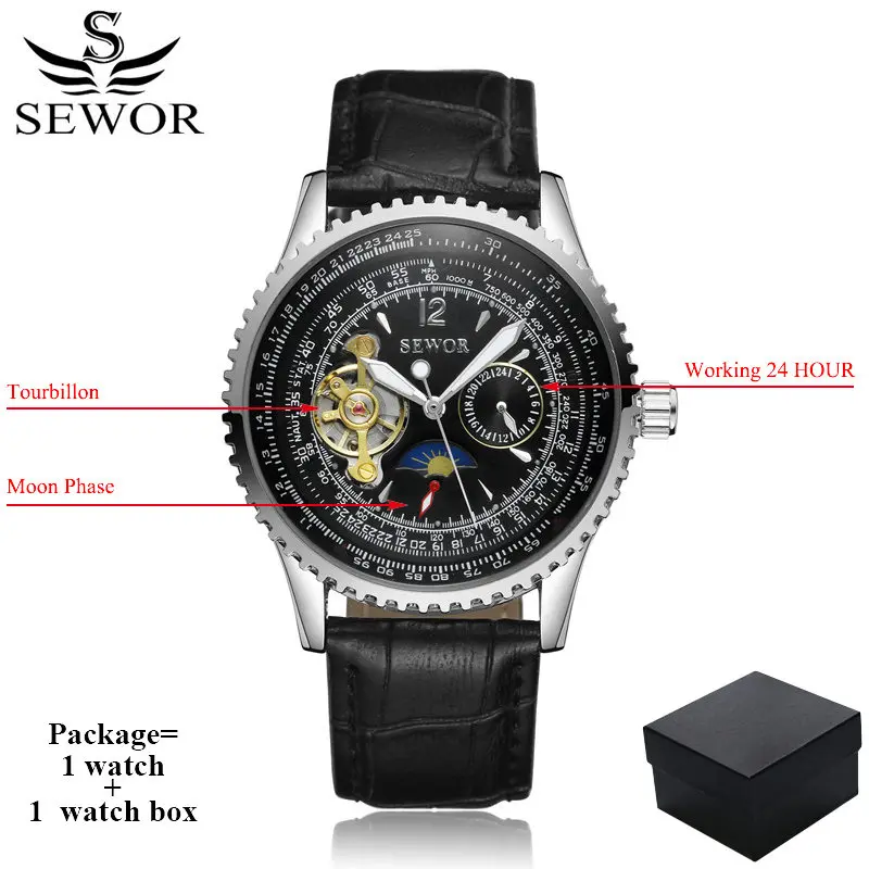 black leather SEWOR, механические, автоматические, заводные, оригинальные часы, кожа, нержавеющая сталь, Tourbillon, лунная фаза, наручные часы, мужские с коробкой SWQ45 - Цвет: black leather