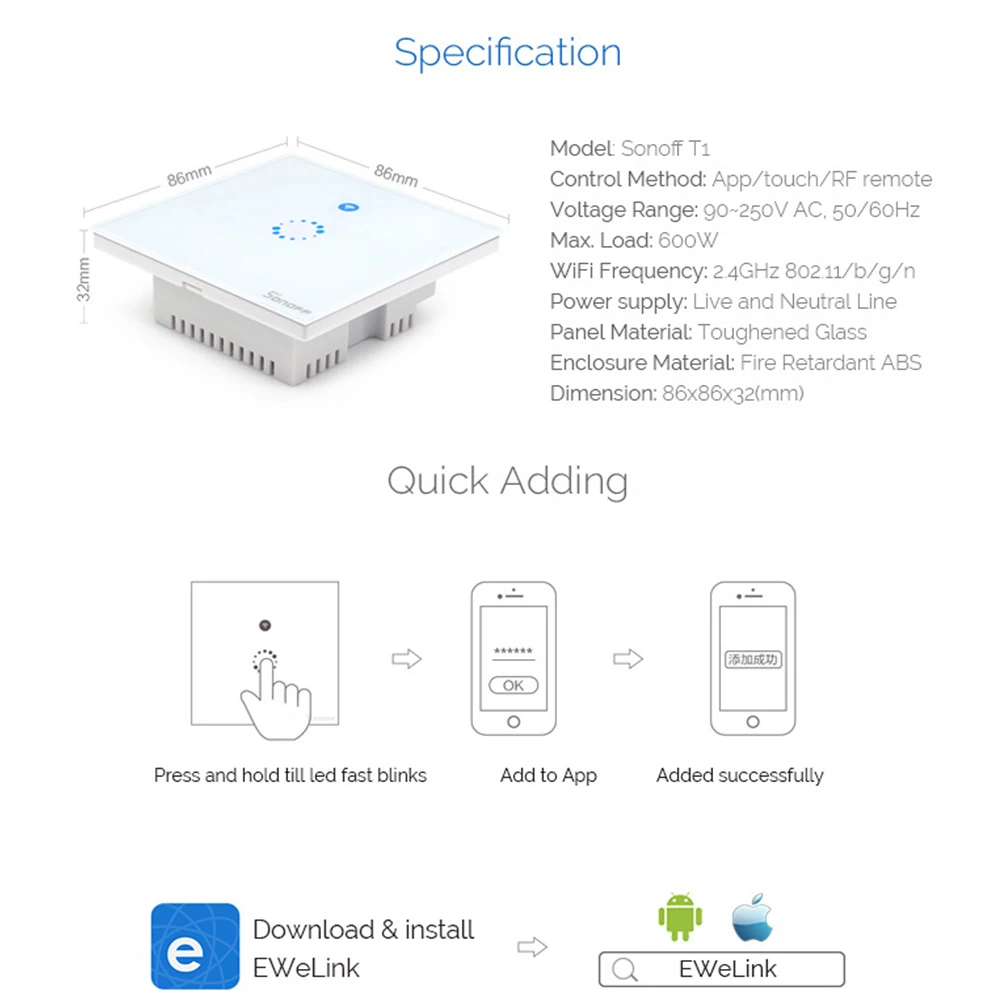 Sonoff T1 ЕС Smart Wi-Fi стены сенсорный выключатель света 1 Gang 2 Touch/Wifi/RF 433/APP удаленного