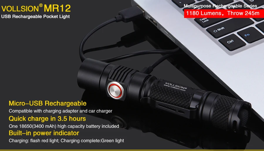 VOLLSION MR12 CREE XP-L2 Карманный USB Перезаряжаемый и заряжаемый тактический фонарь