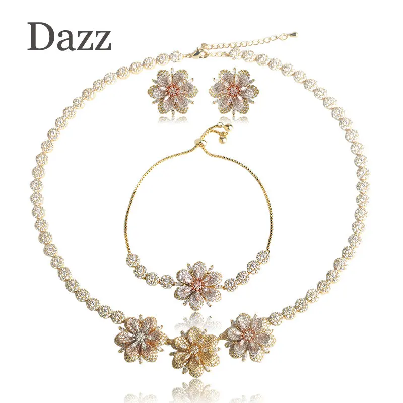 Dazz Сияющие три тона цветные цветы Ювелирные наборы кубические цирконы Медь