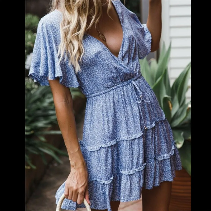 Новое модное женское платье с коротким рукавом и цветочным принтом Boho Летнее