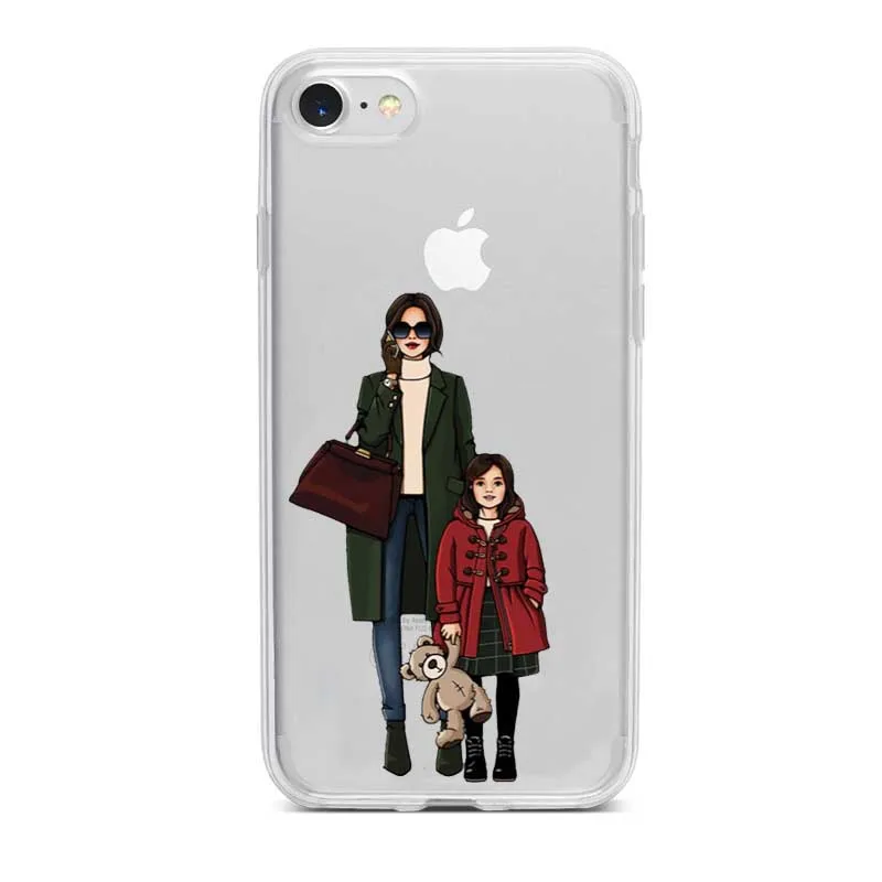 Moda Mae Do Bebe Caso Menina Para o iphone XR XS MAX 8 6 7 Plus 5 4 Мягкий ТПУ Прозрачный mulher Tampa Telefone Fundas
