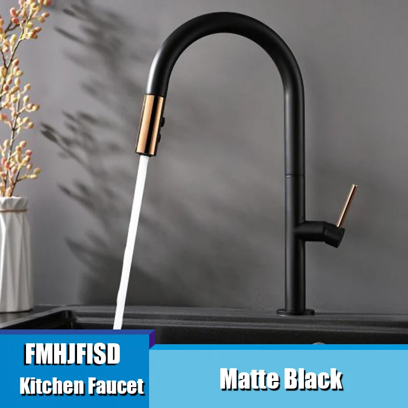 Black FMHJFISD кухонный кран Черный Белый Выдвижной вращающийся поток спрей смеситель кран горячий холодный кран на бортике кран - Цвет: Black