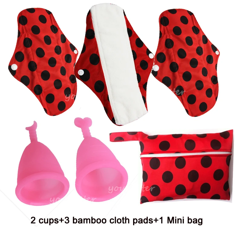 

3 PCS Bamboo Cloth menstrual Pads+2 MENSTRUAL CUPS+1 Mini Wet Bag,Soft Silicone Menstrual Cups Cheapest Period Cups For Lady